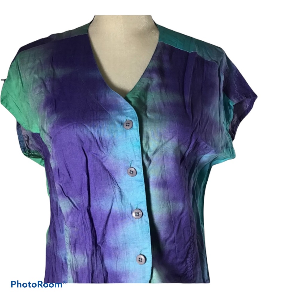 Peters & Ashley Purple Blue Green Tie Dye Rayon Crop Top Button Shirt Blouse 6